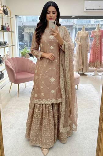 Champagne silk blend embroidered sharara set