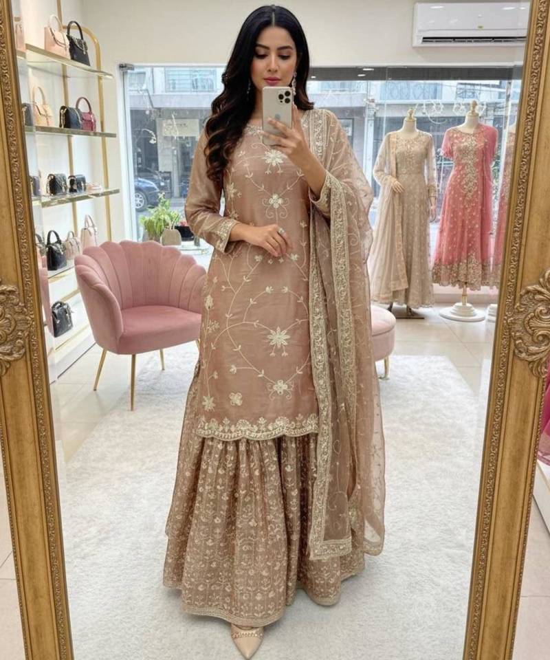 Champagne silk blend embroidered sharara set