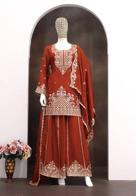 Orange viscose readymade suit with embroidery & sequence work 2