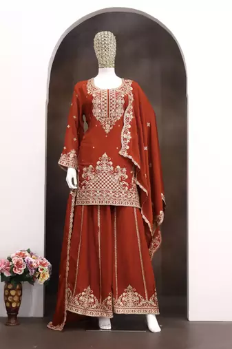Orange viscose readymade suit with embroidery & Sequin work