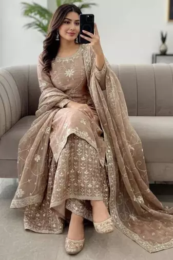 Champagne silk blend embroidered sharara set
