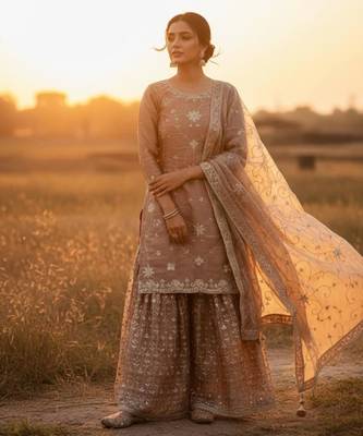 Champagne silk blend embroidered sharara set 3