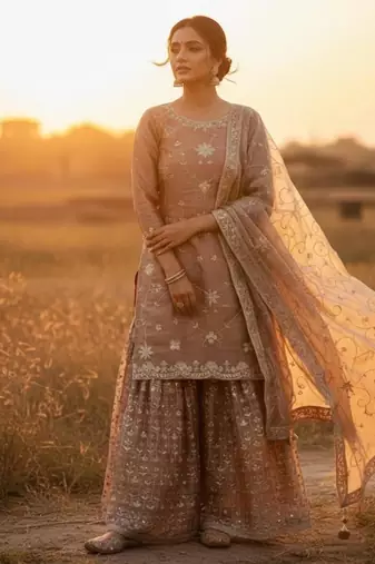 Champagne silk blend embroidered sharara set