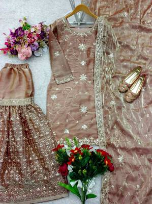 Champagne silk blend embroidered sharara set 4