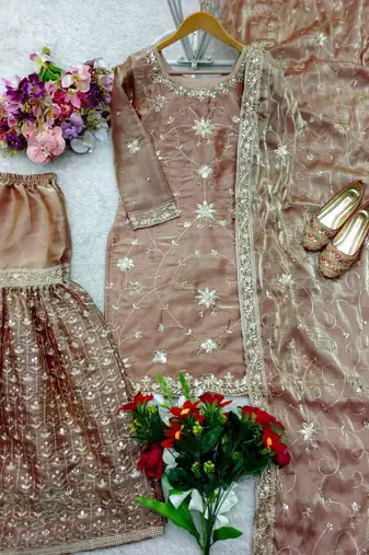Champagne silk blend embroidered sharara set