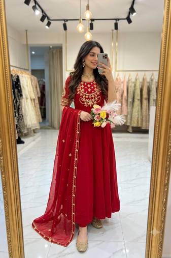 Red faux georgette embroidered flared gown set