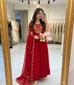 Red faux georgette embroidered flared gown set