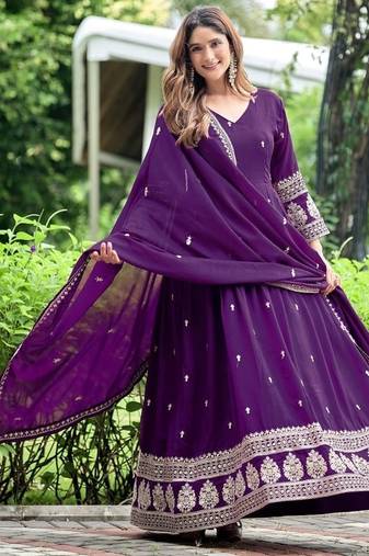 Violet art silk readymade anarkali suit with embroidery work