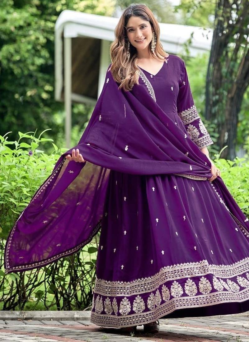 Violet art silk readymade anarkali suit with embroidery work