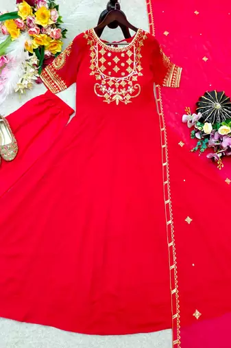 Red faux georgette embroidered flared gown set
