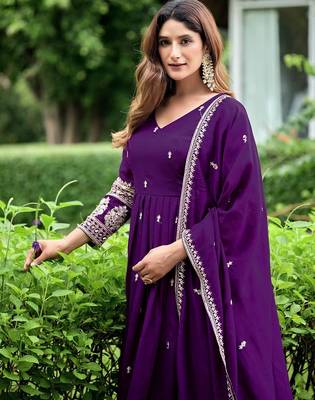 Violet art silk readymade anarkali suit with embroidery work 2