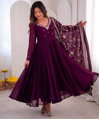Purple faux georgette embroidered flared gown set 1