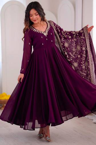 Purple faux georgette embroidered flared gown set
