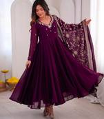 Purple faux georgette embroidered flared gown set