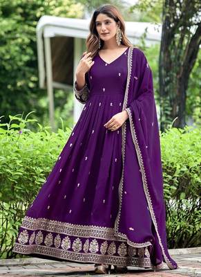 Violet art silk readymade anarkali suit with embroidery work 3