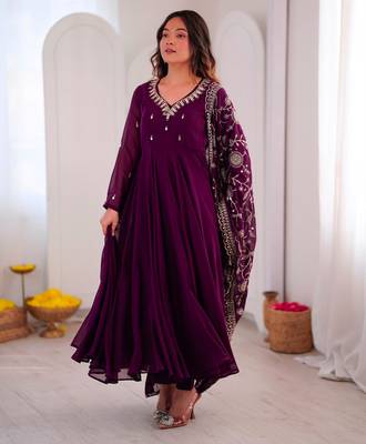 Purple faux georgette embroidered flared gown set 2