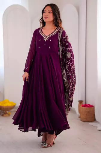 Purple faux georgette embroidered flared gown set