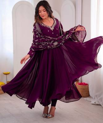 Purple faux georgette embroidered flared gown set 3