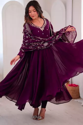 Purple faux georgette embroidered flared gown set