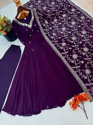 Purple faux georgette embroidered flared gown set 4