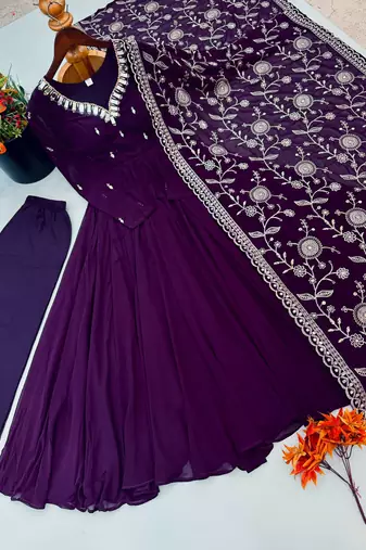 Purple faux georgette embroidered flared gown set