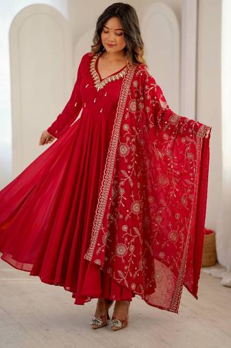 Red faux georgette embroidered flared gown set
