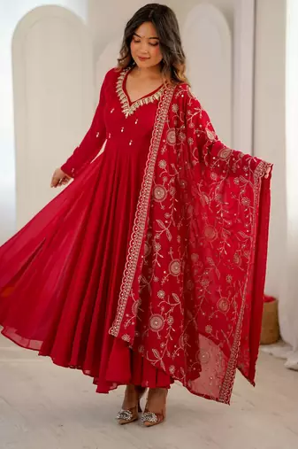 Red faux georgette embroidered flared gown set