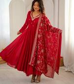 Red faux georgette embroidered flared gown set