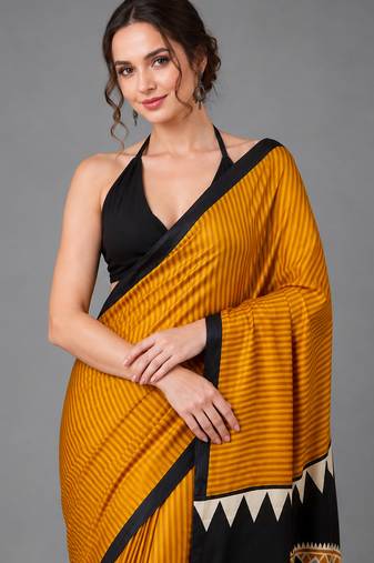 Mustard printed satin saree with blouse