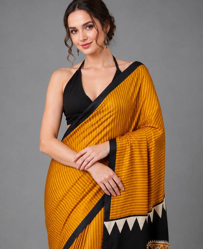 Mustard printed satin saree with blouse