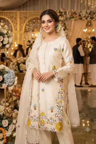 Off-white silk blend embroidered kurta set