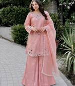 Pink silk blend embroidered palazzo set