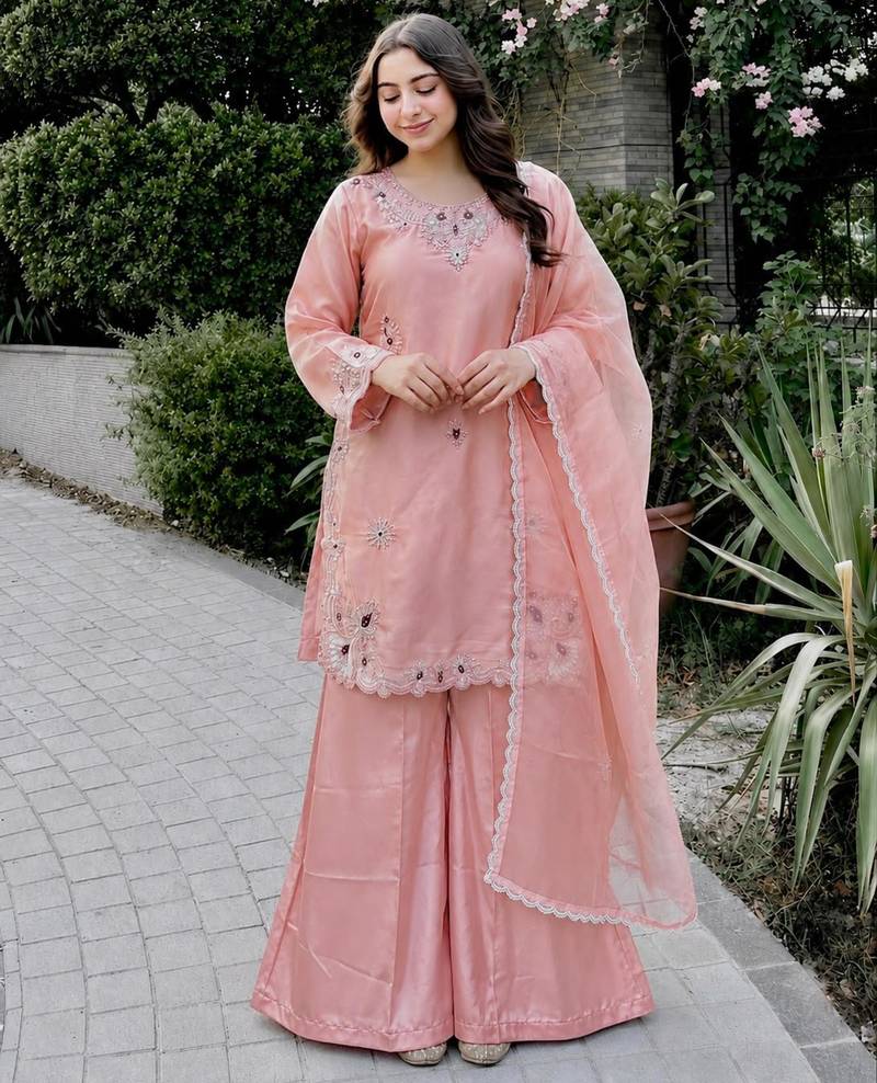 Pink silk blend embroidered palazzo set
