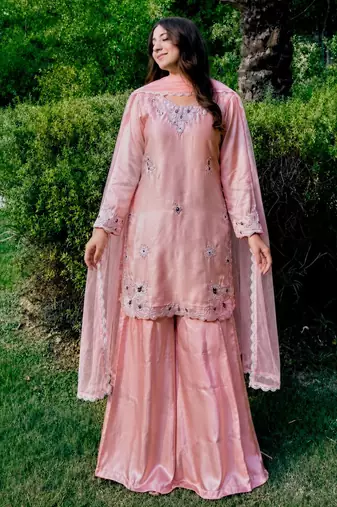 Pink silk blend embroidered palazzo set