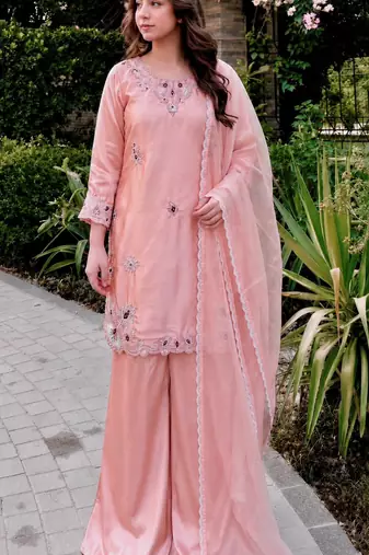 Pink silk blend embroidered palazzo set