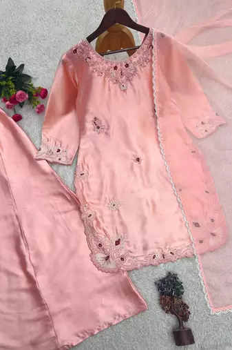 Pink silk blend embroidered palazzo set