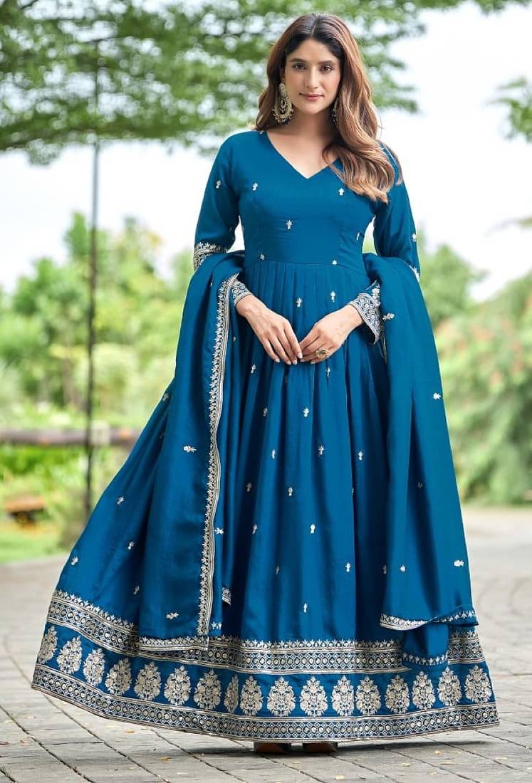 Teal art silk readymade anarkali suit with embroidery work