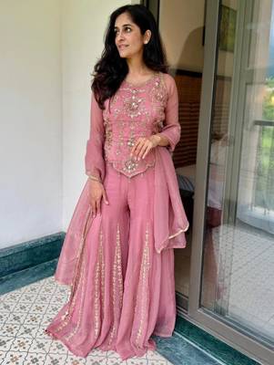 Pink silk blend embroidered sharara set 1