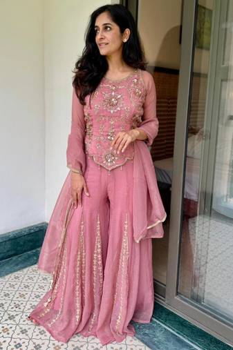 Pink silk blend embroidered sharara set