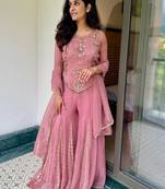 Pink silk blend embroidered sharara set