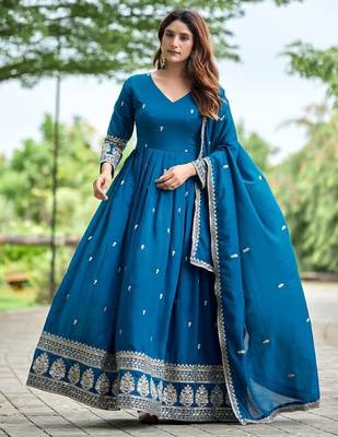 Teal art silk readymade anarkali suit with embroidery work 4