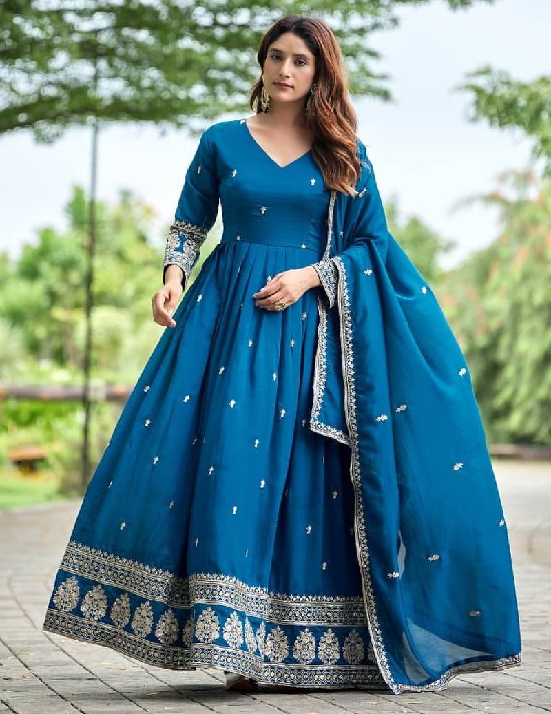 Teal art silk readymade anarkali suit with embroidery work