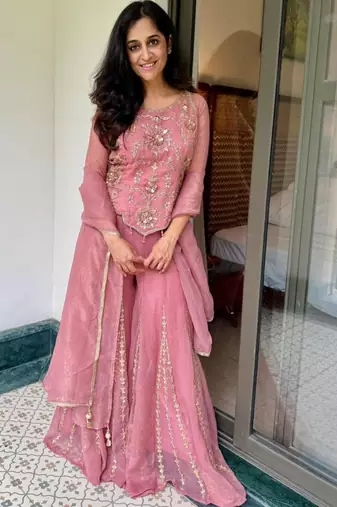 Pink silk blend embroidered sharara set