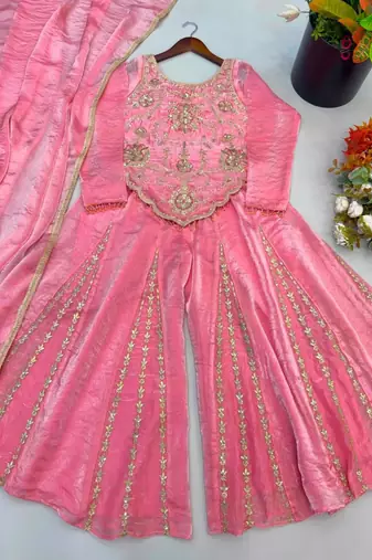 Pink silk blend embroidered sharara set