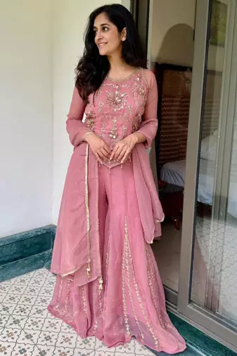 Pink silk blend embroidered sharara set