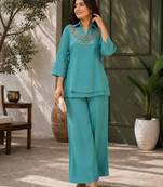 Teal silk blend embroidered palazzo set