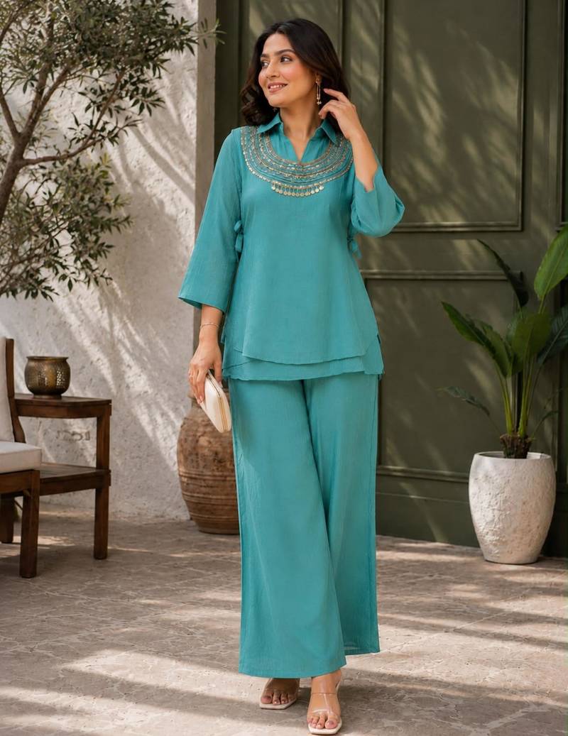 Teal silk blend embroidered palazzo set