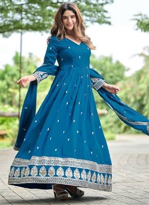 Teal art silk readymade anarkali suit with embroidery work 1