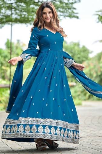 Teal art silk readymade anarkali suit with embroidery work