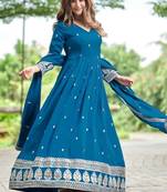 Teal art silk readymade anarkali suit with embroidery work